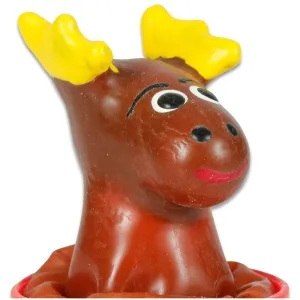 Brown moose figure with yellow antlers and red lips, smiling, on a white background.