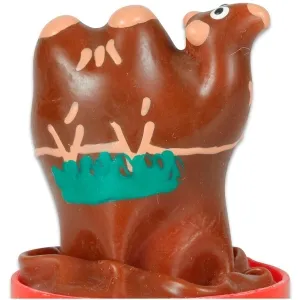 Brown rubber camel figurine with green and beige details, on a red base.