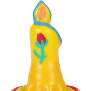 Yellow candle with blue line and red floral pattern, orange flame, on a red base.