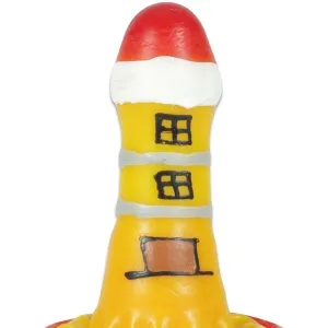 Yellow rubber lighthouse with red and white details, black windows and a red roof.