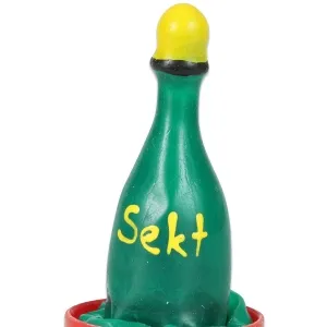 Grüne Sektflasche aus Wachs mit gelbem Schriftzug 