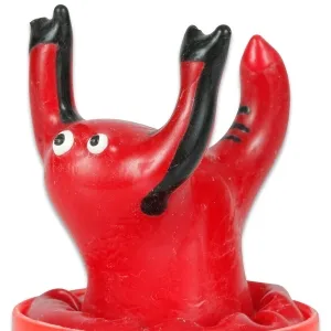 Rote, cartoonartige Figur mit schwarzen Hörnern und großen Augen, die aus einem roten Sockel ragt.