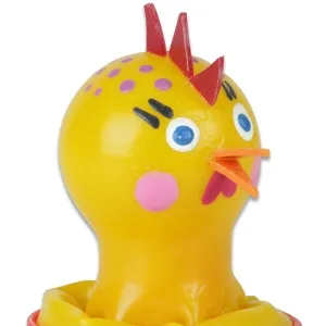 Yellow rubber chicken with a red comb and blue eyes, pink cheeks and an open beak.