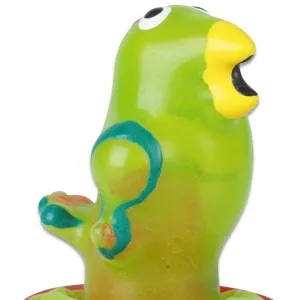Grüne Papageienfigur mit gelbem Schnabel und großen Augen, aus Kunststoff.