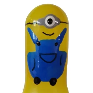 Yellow figure with one eye and blue overalls, smiling.