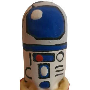 Finger painted as a robot with a blue head and red details.