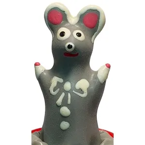A grey mouse figure with pink ears and red lips raises its arms.
