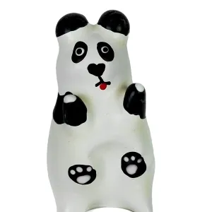 Toy panda with black ears and paws, red tongue, standing upright.