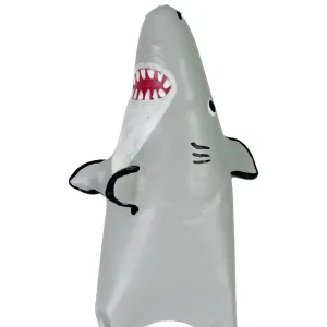 Grey shark with open mouth and visible teeth, standing upright, with fins and black details.