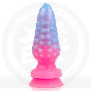 Bunter, strukturierter Silikon-Dildo in Blau und Pink mit Saugnapf.