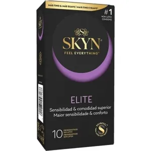 Black Skyn ​​Elite condom packaging, 10 pieces, non-latex, with purple accents and multilingual text.