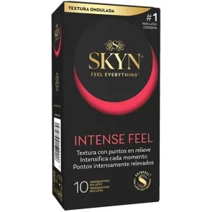 Black packaging of SKYN Intense Feel condoms, 10 pieces, non-latex, with textured surface.