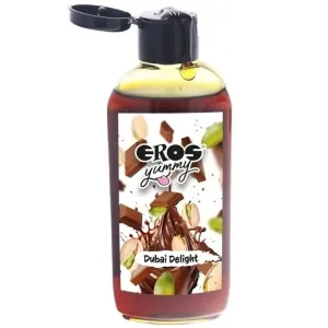 Flasche mit Eros Yummy Dubai Delight, Schokoladen- und Pistazienmotiv auf dem Etikett, schwarzer Klappverschluss.