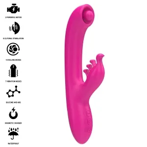 Rosa Vibrator mit mehreren Funktionen, darunter klitorale Stimulation, verschiedene Modi und wasserdicht.