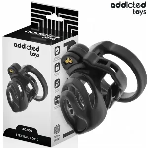 Schwarzes Keuschheitskäfig-Set von Addicted Toys, Verpackung und Produkt mit Schloss, 