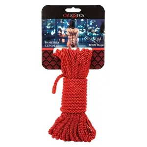 Rotes BDSM-Seil von CalExotics, 10 Meter lang, auf Verpackung mit Bild einer Person von hinten.