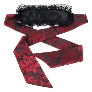Schwarze Augenmaske mit rotem, floralem Muster und Spitzenrand.
