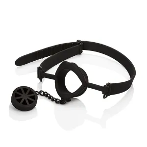 Schwarzes Mundknebel-Set mit verstellbarem Riemen und abnehmbarem Einsatz, auf weißem Hintergrund.