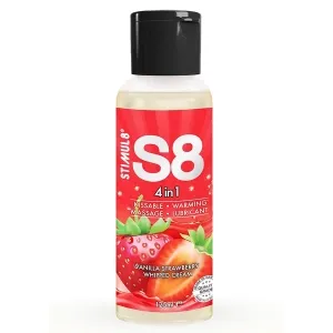 Flasche S8 4-in-1 Gleitmittel, Vanille-Erdbeer-Geschmack, 125 ml, rotes Etikett mit Erdbeeren.