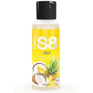Gelbes S8 4-in-1 Fläschchen, 125 ml, mit Kokosnuss und Ananas, für Massage und Gleitmittel.