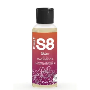 Flasche S8 Relax Massageöl, 50 ml, mit grünem Tee und Fliederblüte, beruhigend und entspannend.