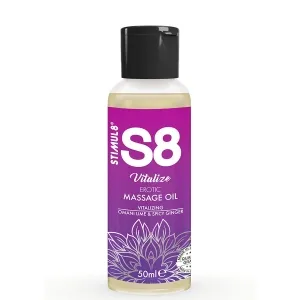 Flasche S8 Vitalize Erotic Massage Oil, 50ml, mit Omani Limette und würzigem Ingwer, lila Etikett.