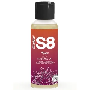 Bottle of S8 Relax massage oil, 125 ml, with green tea and lilac blossom, soothing and relaxing.