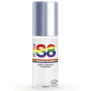 Bottle containing S8 Pride Glide, LGBTQ+ water-based lubricant, 125 ml, with rainbow design.