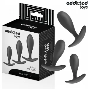 Schwarzes Analplug-Set von Addicted Toys, drei Größen, Verpackung und Produkte abgebildet.