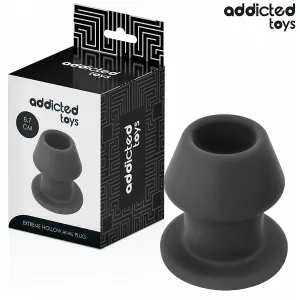 Schwarzer, hohler Analplug von Addicted Toys neben der Verpackung, 8,7 cm groß.