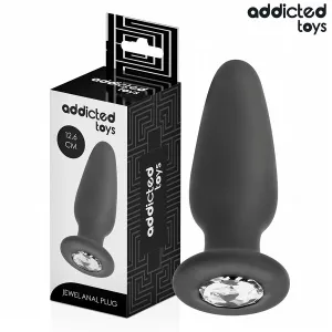 Schwarzer Analplug mit Schmuckstein, 12,6 cm, neben Verpackung von Addicted Toys.