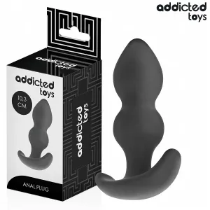 Schwarzer Analplug von Addicted Toys, 10,3 cm, neben der Verpackung mit geometrischem Muster.