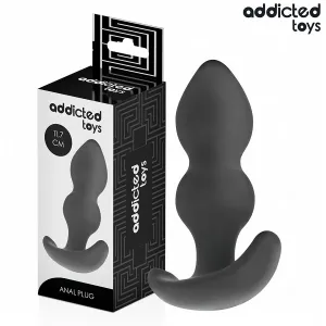 Schwarzer Analplug von Addicted Toys neben der Verpackung, 11,7 cm groß.