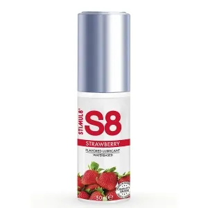 Flasche mit S8 Erdbeer-Gleitmittel, wasserbasiert, 50 ml, mit Erdbeeren auf dem Etikett.