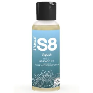 S8 Refresh massage oil bottle, 125 ml, with black cap and blue label, decorated with leaves.
