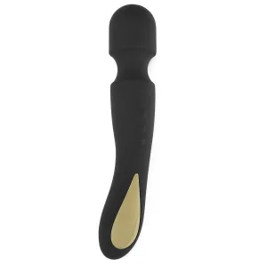 Black massage wand with gold accents and three buttons on a white background.