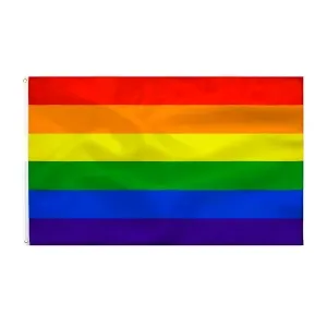 Rainbow flag with six horizontal stripes: red, orange, yellow, green, blue and violet.