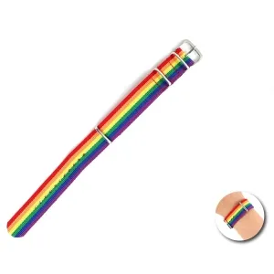 Rainbow-colored bracelet with metal buckle, close-up on the wrist.