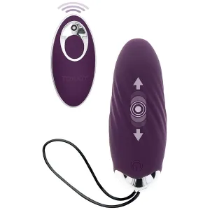 Purple vibrator with remote control, arrows and circles for function indication, black cable.
