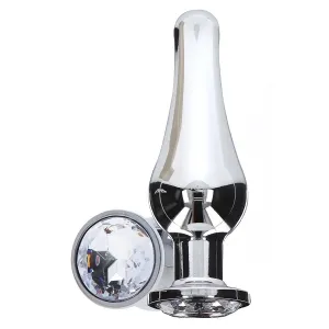 Silver plug with crystal decoration on a white background.