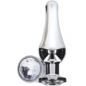 Silberner Metallplug mit rundem, klarem Kristall an der Basis.