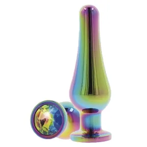 Metallic, rainbow-colored plug with a sparkling gemstone at the base.