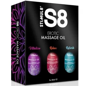 Black packaging of S8 Erotic Massage Oil containing three bottles: Vitalize, Relax, Refresh.