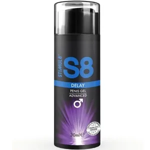 Schwarze Flasche mit S8 Delay Penis Gel, 30 ml, lila und blauer Akzent, Qualitätssiegel unten rechts.