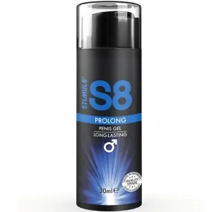 Schwarze Flasche S8 Prolong Penis Gel, 30 ml, mit blauem und weißem Design, 