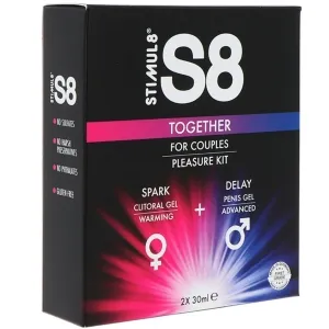 Schwarze Verpackung des S8 Together Pleasure Kits für Paare mit zwei Gels: Spark und Delay, 2x 30ml.