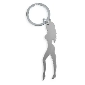 Keyring in the shape of a stylized female silhouette made of metal.