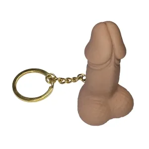 Penis-shaped keychain with gold chain and ring.