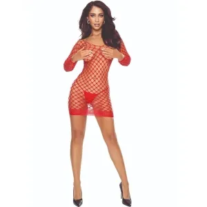 Person in a red mesh dress and black high heels against a white background.