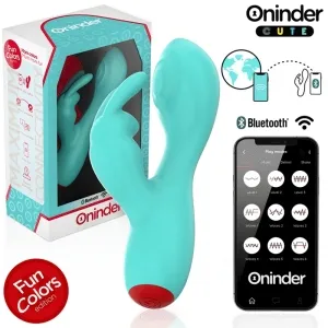 Türkises Vibrator-Spielzeug mit Bluetooth-Steuerung und Smartphone-App, Verpackung und Fun Colors Edition.